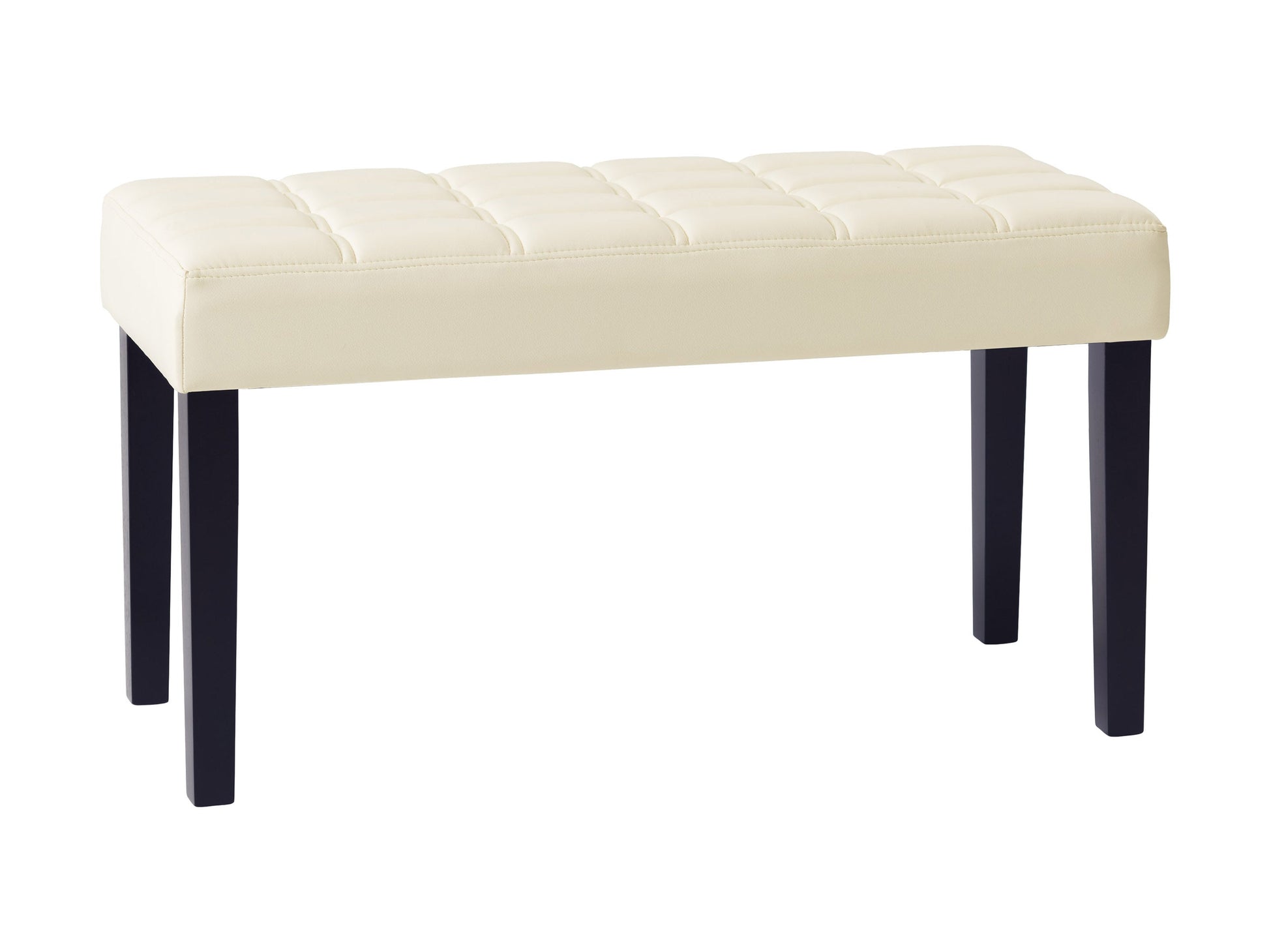 White leather bench with sleek design, chrome legs, and tufted seat for modern living spaces.