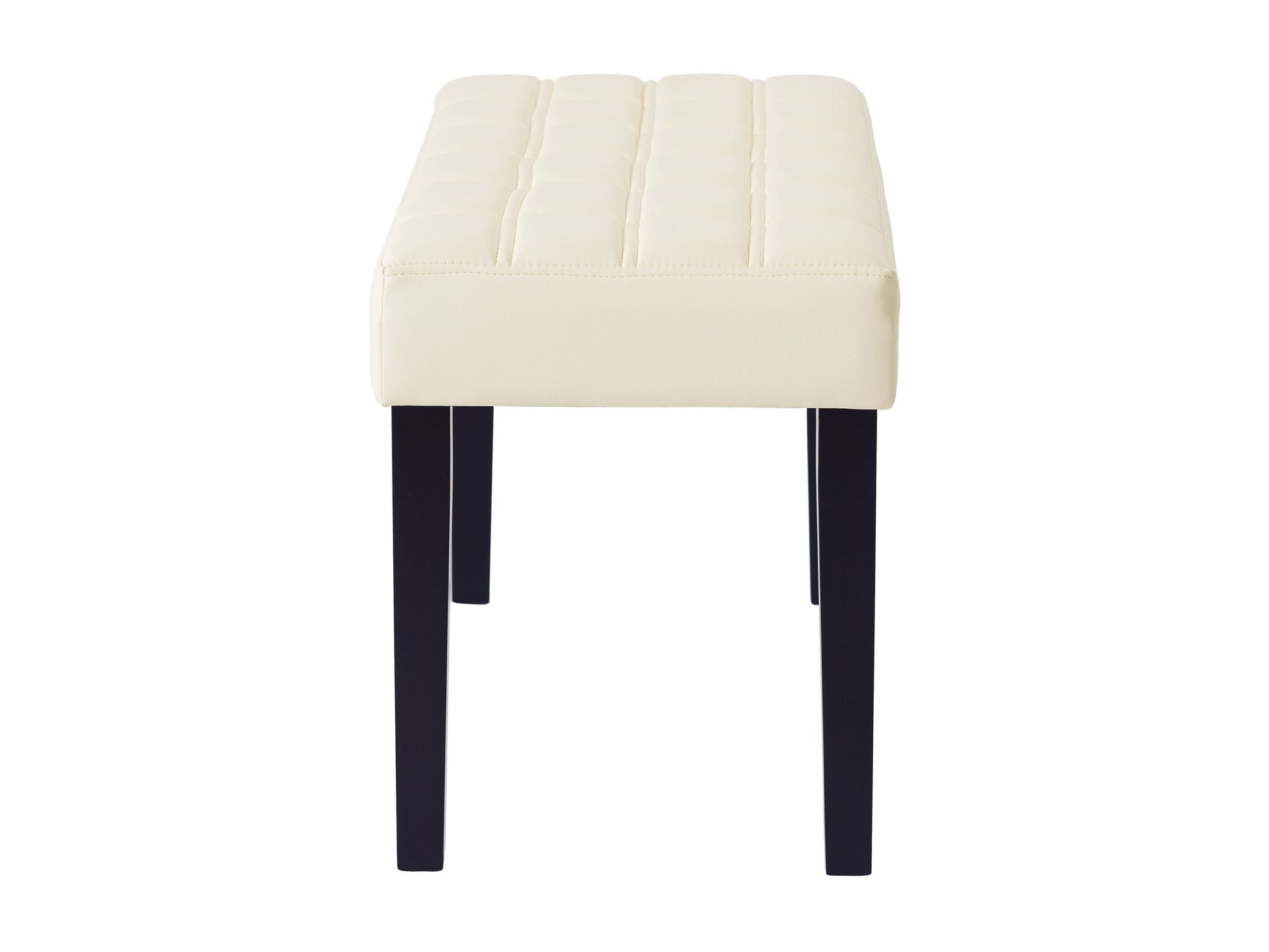 White leather bench with tufted seat, sleek chrome legs, and minimalist design.