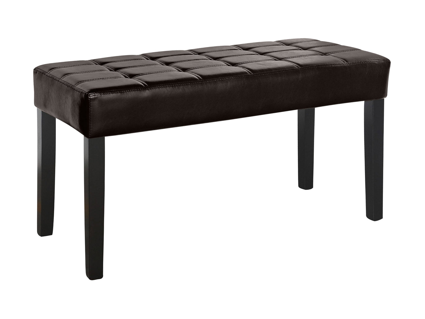 Brown leather bench with tufted seat, wooden legs, and modern design.