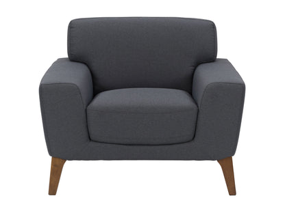 Dark grey fabric arm chair with wooden legs, tufted backrest, and modern minimalist design.