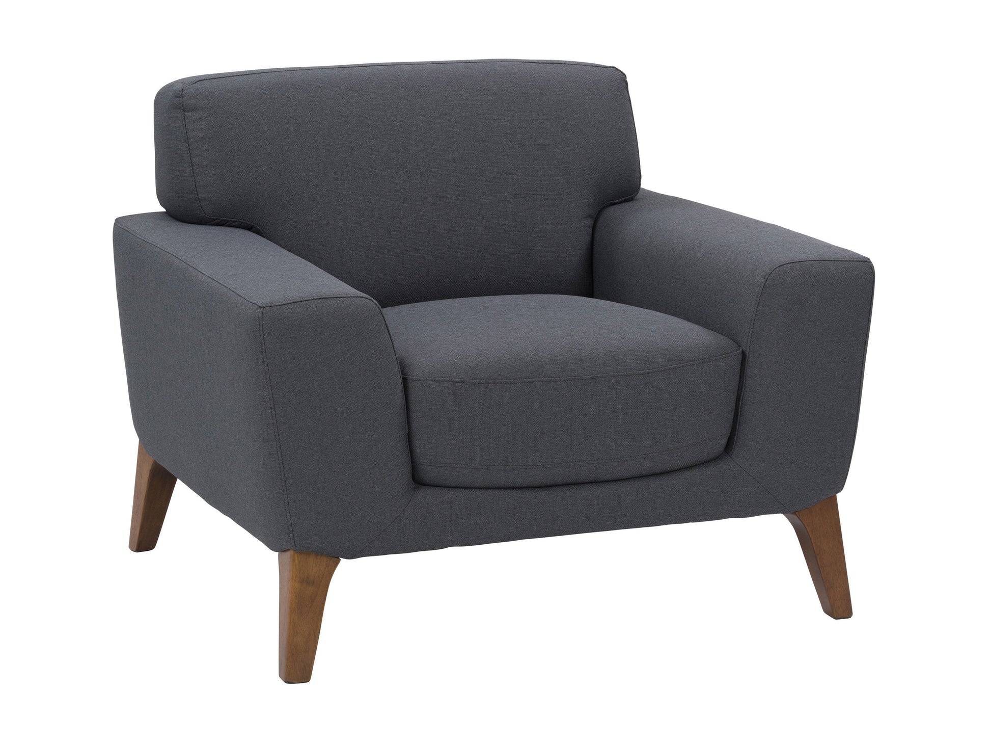 Dark grey fabric armchair with wooden legs and tufted cushions, perfect for modern living rooms.