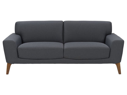 Dark grey 3-seater sofa with tufted cushions, wooden legs, and modern minimalist design.