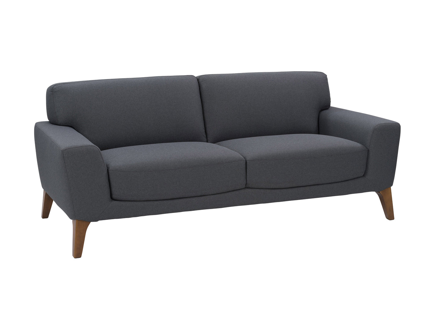 Dark grey 3 seater sofa with wooden legs, tufted cushions, and modern minimalist design.