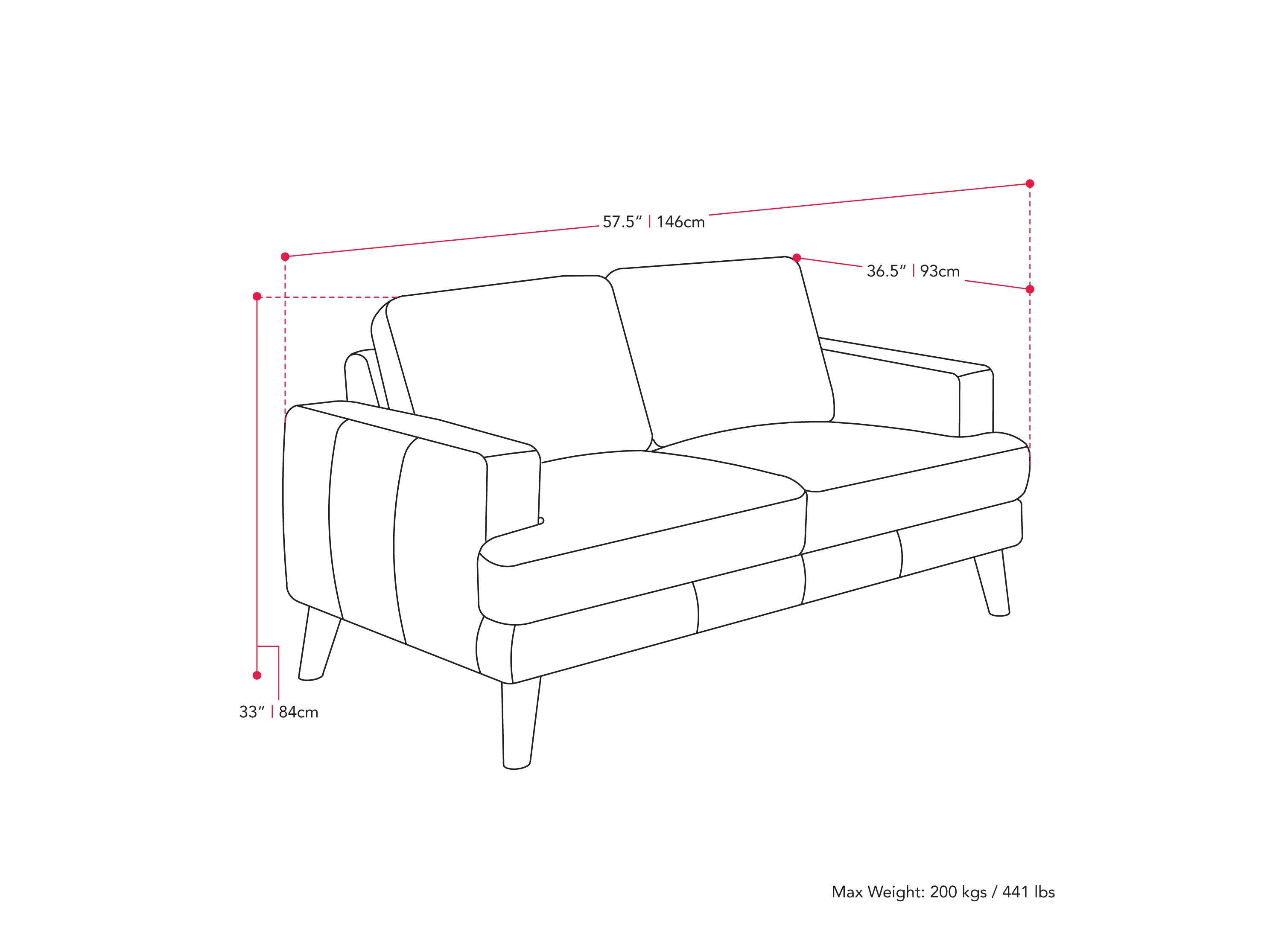 Dark grey modern loveseat with tufted cushions and wooden legs, perfect for contemporary living rooms.