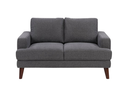 Dark grey modern loveseat with tufted cushions and wooden legs, perfect for contemporary living rooms.