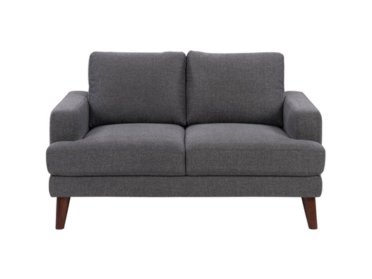 Dark grey modern loveseat with tufted cushions and wooden legs, perfect for contemporary living rooms.