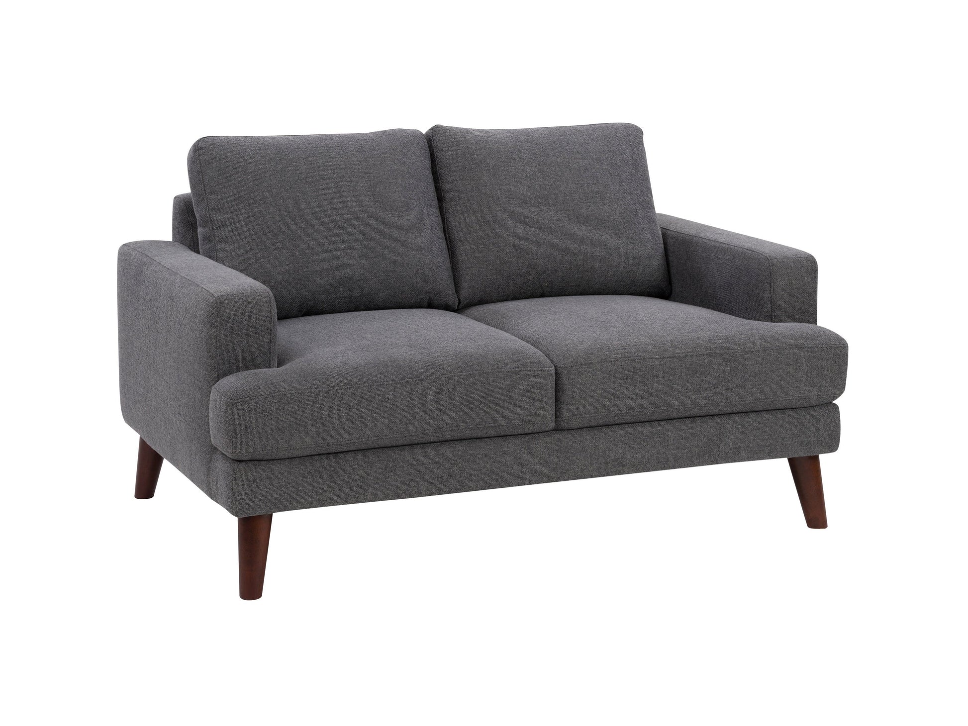 Dark grey modern loveseat with tufted cushions and wooden legs, perfect for contemporary living rooms.