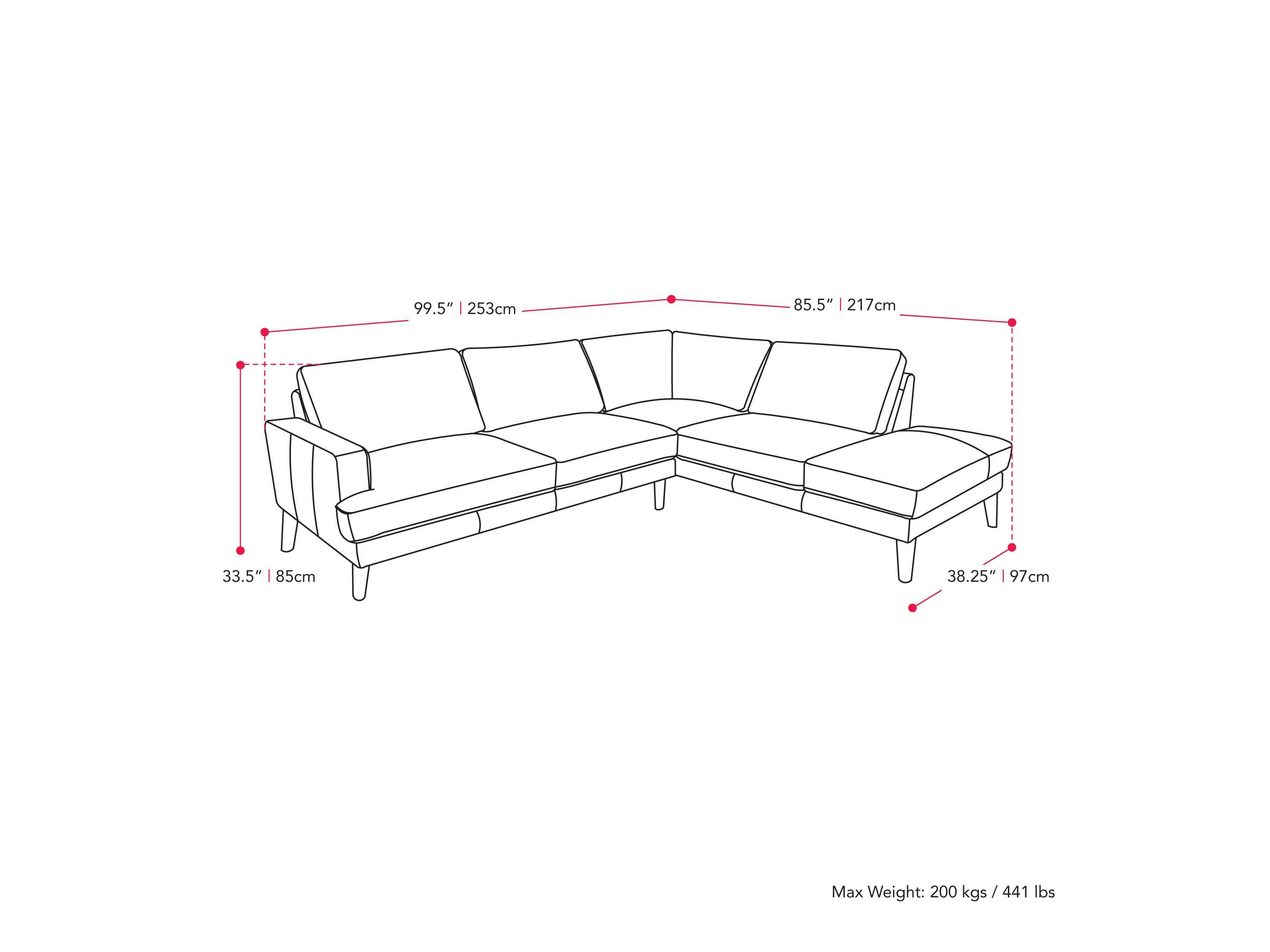 Grey sectional sofa, right-facing, dark grey fabric, tufted cushions, wooden legs, modern minimalist design.