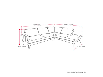 Grey sectional sofa, right-facing, dark grey fabric, tufted cushions, wooden legs, modern minimalist design.