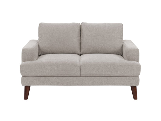 Light grey modern loveseat with tufted cushions and wooden legs, perfect for contemporary living rooms.