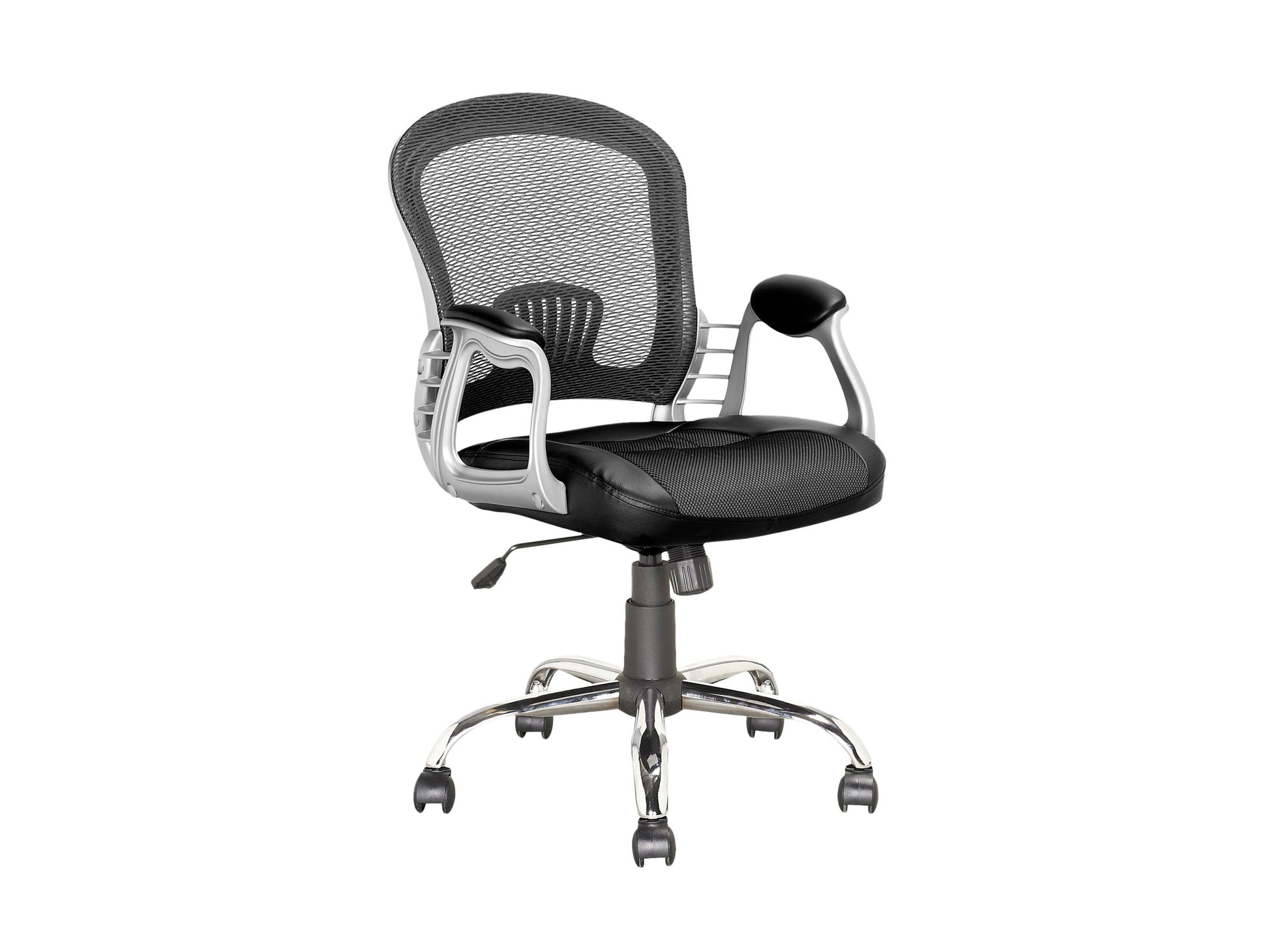 Swivel office chair in black leather with padded armrests, ergonomic design, and adjustable height.