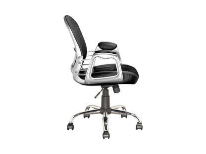 Black swivel office chair with ergonomic design, padded seat, and adjustable height for home or office use.