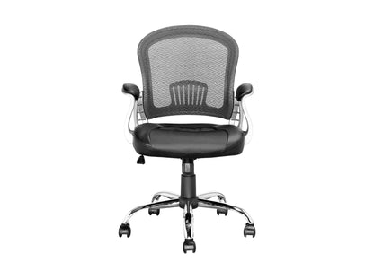 Black swivel office chair with ergonomic design, adjustable height, and padded seat for comfortable office seating.