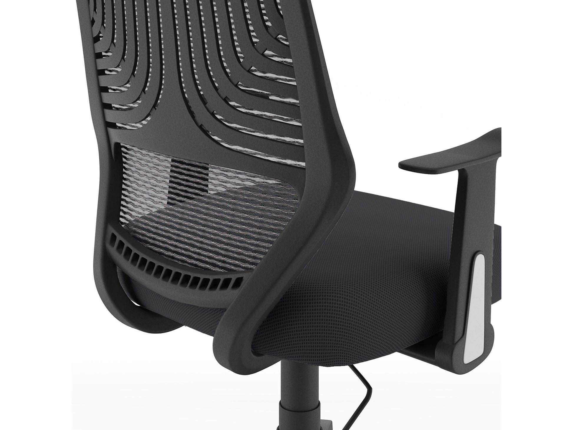 Black mesh office chair with ergonomic design, adjustable height, and lumbar support.