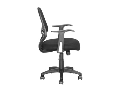 Black mesh office chair with ergonomic design, adjustable height, and lumbar support for comfortable office seating.