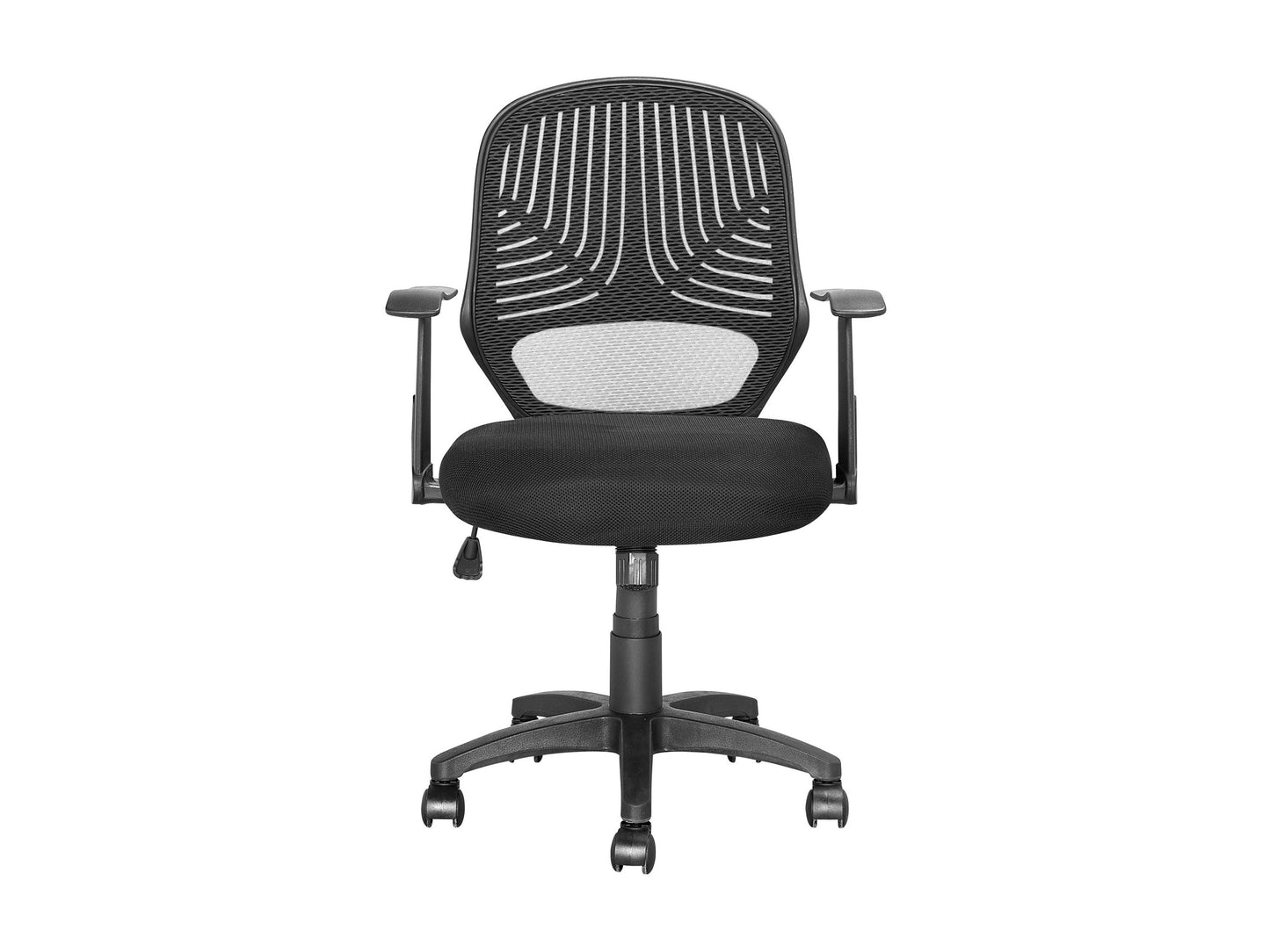 Black mesh office chair with ergonomic design, adjustable armrests, and lumbar support.