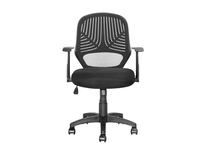 Black mesh office chair with ergonomic design, adjustable armrests, and lumbar support.