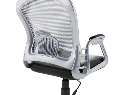 Grey swivel office chair with ergonomic design, padded seat, and adjustable height on a chrome base