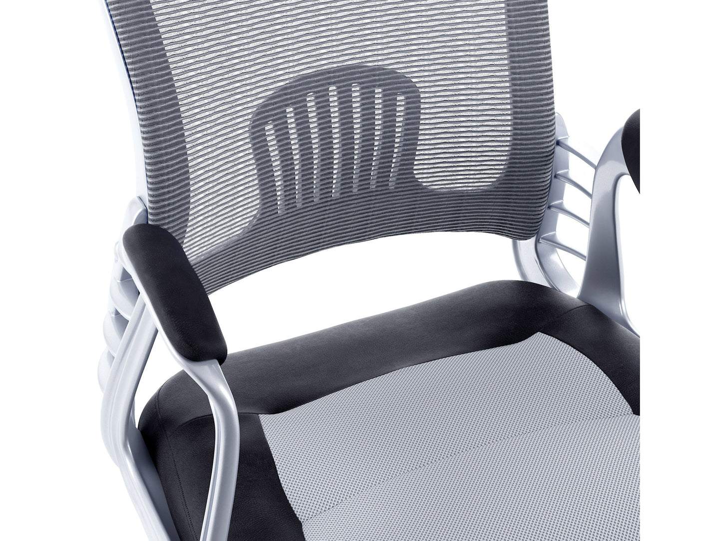 Grey swivel office chair with padded seat, ergonomic design, and chrome base.