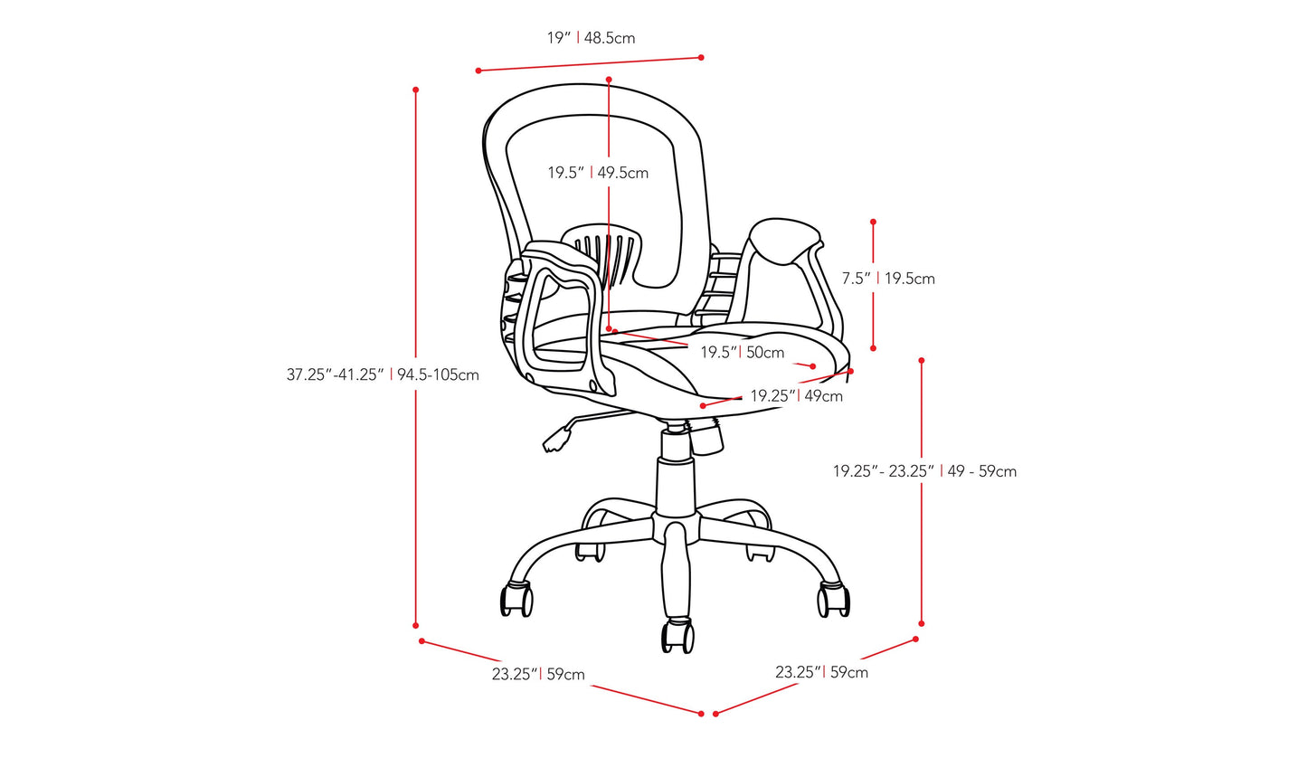 Grey swivel office chair with cushioned seat, ergonomic backrest, and chrome base.