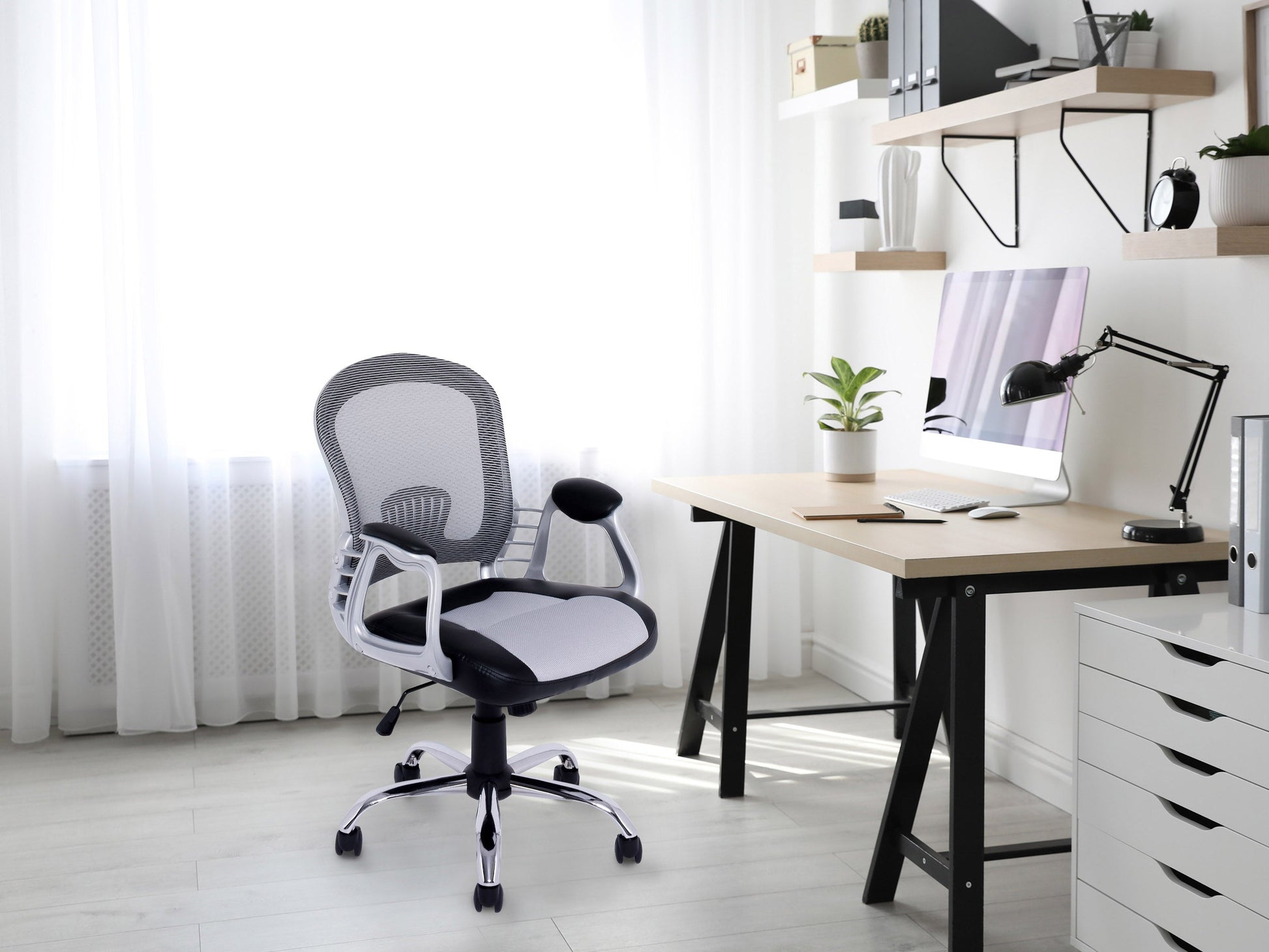 Grey swivel office chair with ergonomic design, padded seat, adjustable height, and sturdy metal base.