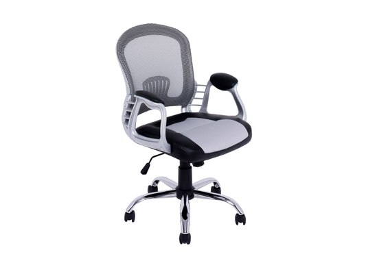 Swivel office chair in grey fabric with ergonomic design, adjustable height, and chrome base.