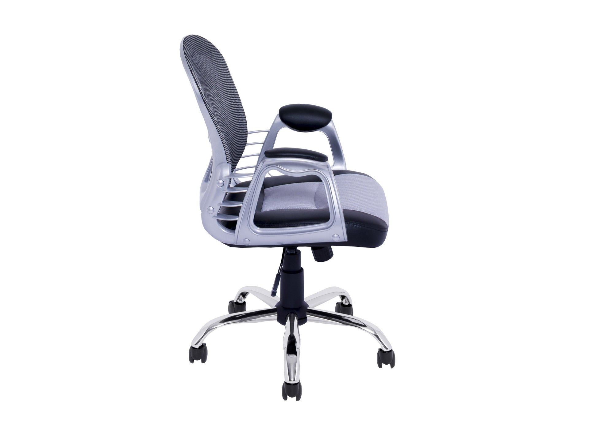 Grey swivel office chair with cushioned seat, ergonomic design, and adjustable height.