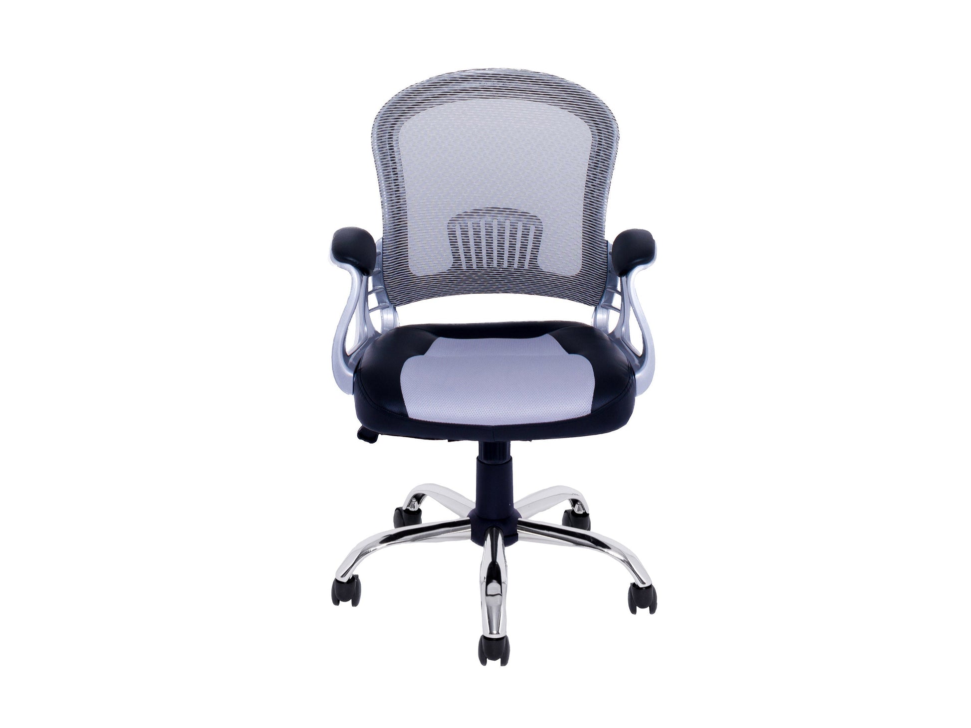 Swivel office chair in grey fabric with ergonomic design, adjustable height, and chrome base.