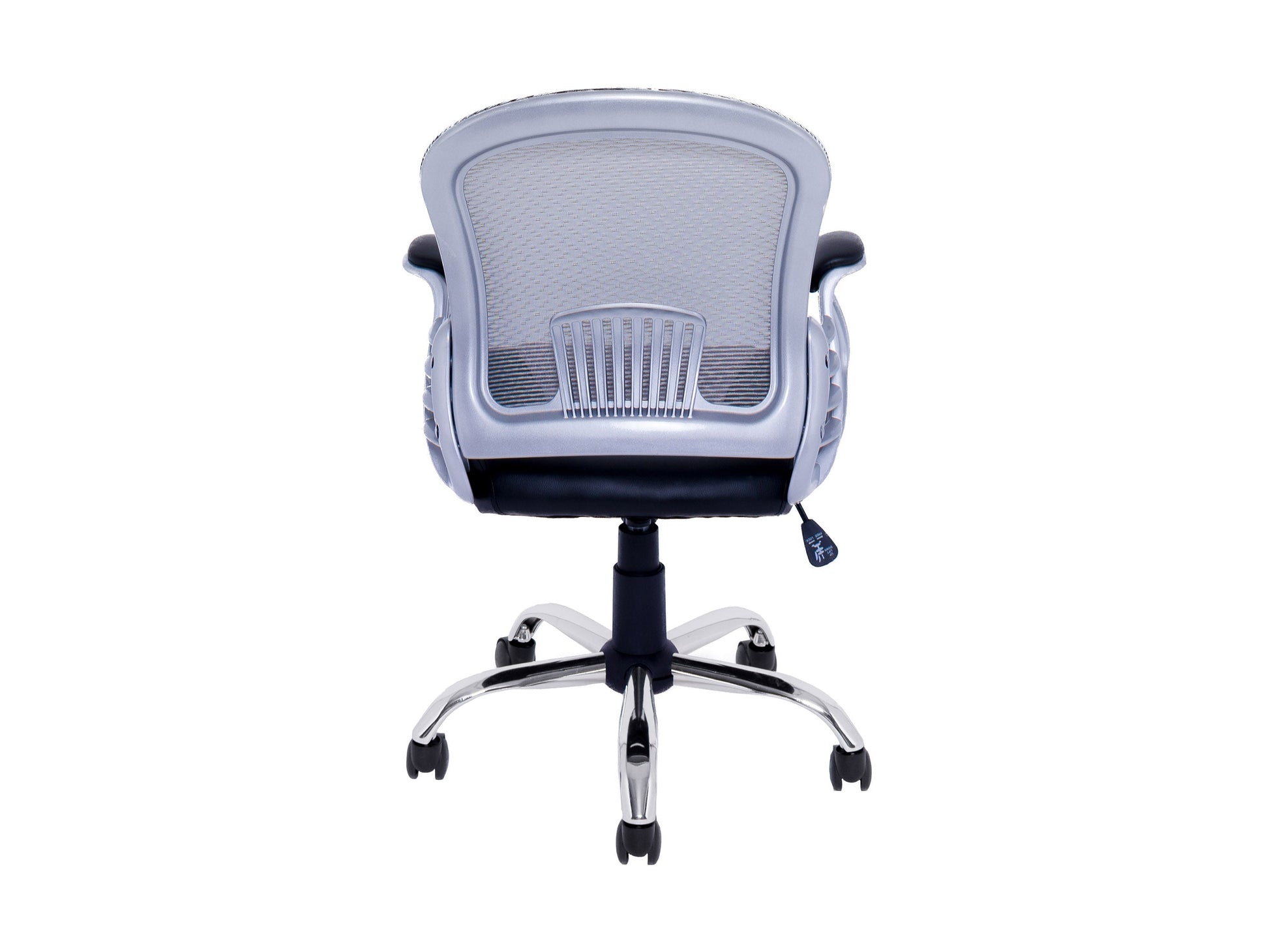 Swivel office chair in grey fabric with ergonomic design, adjustable height, and chrome base for modern home or office.