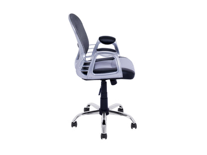 Swivel office chair in grey fabric with ergonomic design, adjustable height, and chrome base.