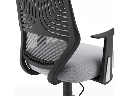 Ergonomic grey mesh office chair with adjustable height, lumbar support, and swivel base.