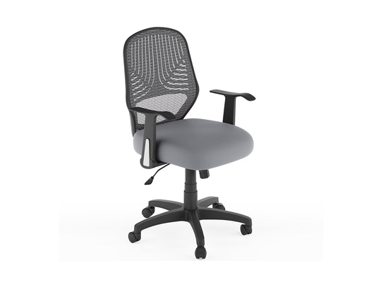 Grey mesh office chair with ergonomic design, adjustable height, and lumbar support.