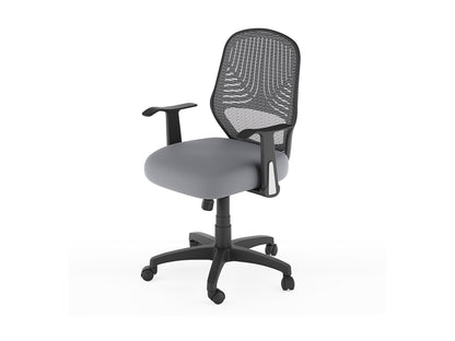 Grey mesh office chair with ergonomic design, adjustable height, and lumbar support on a five-wheel base.