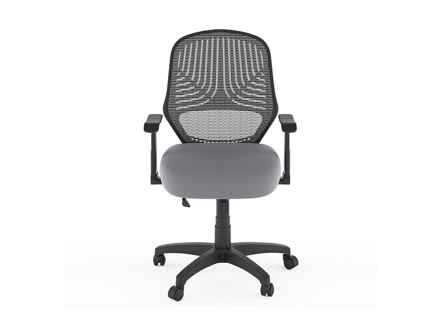 Grey mesh office chair with ergonomic design, adjustable height, and lumbar support for comfortable office seating.