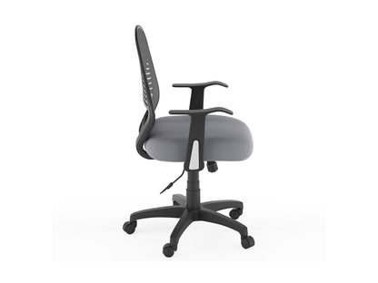 Grey mesh office chair with ergonomic design, adjustable height, and lumbar support for modern office setups.