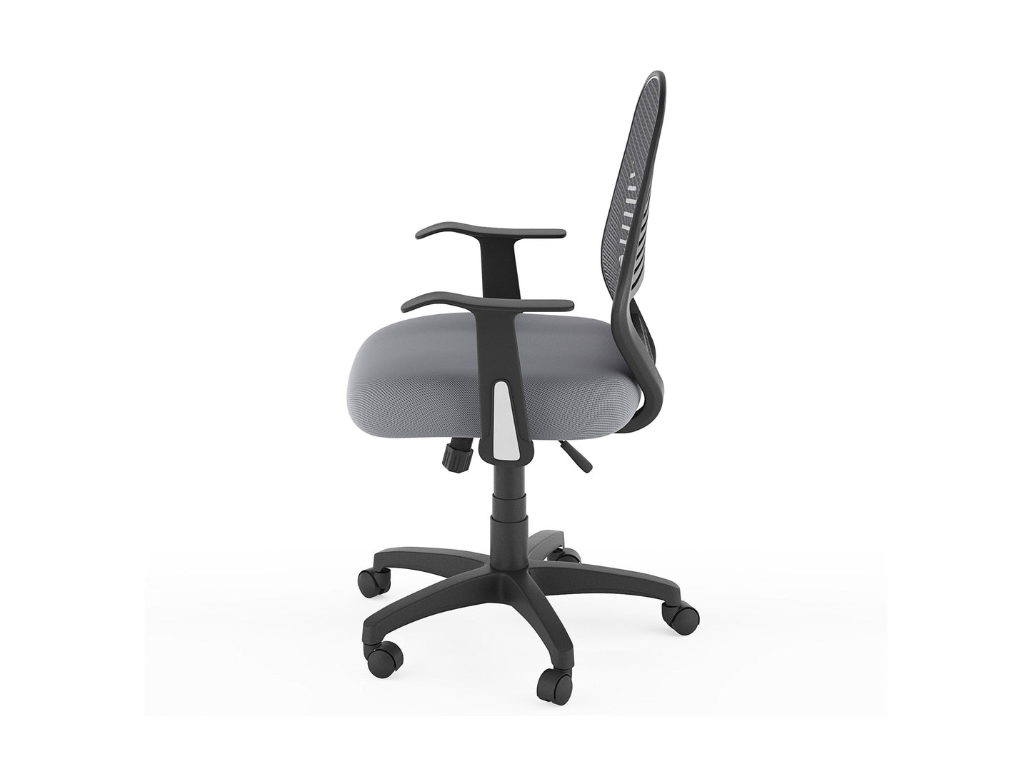 Grey mesh office chair with ergonomic design, adjustable armrests, and lumbar support for comfortable office seating.