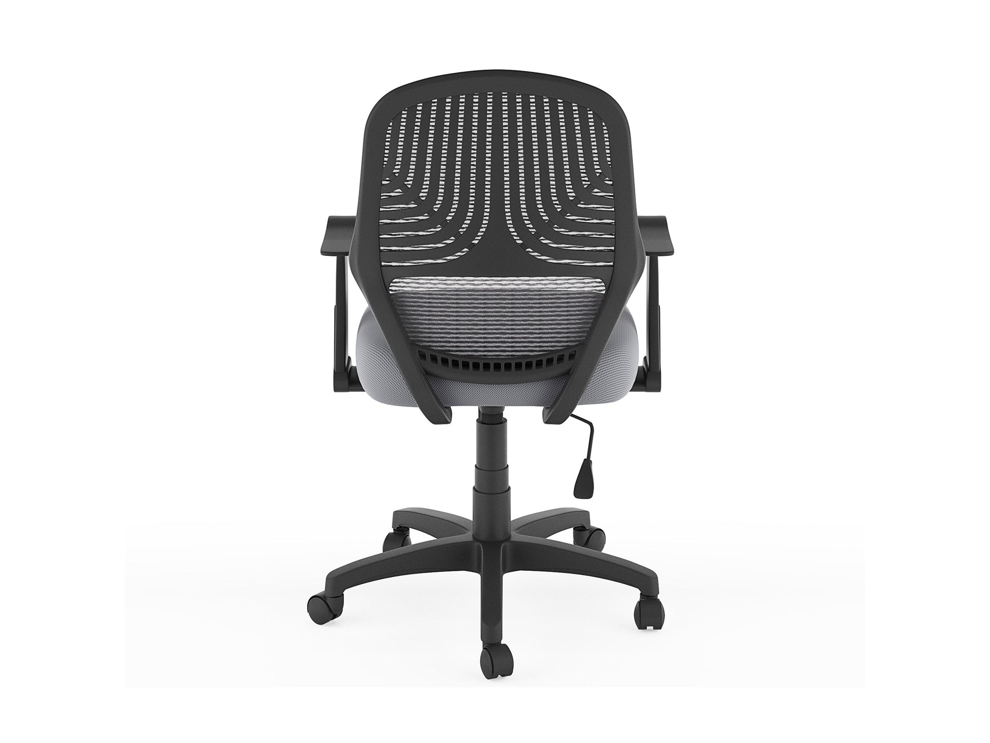 Grey mesh office chair with ergonomic design, adjustable height, and lumbar support.