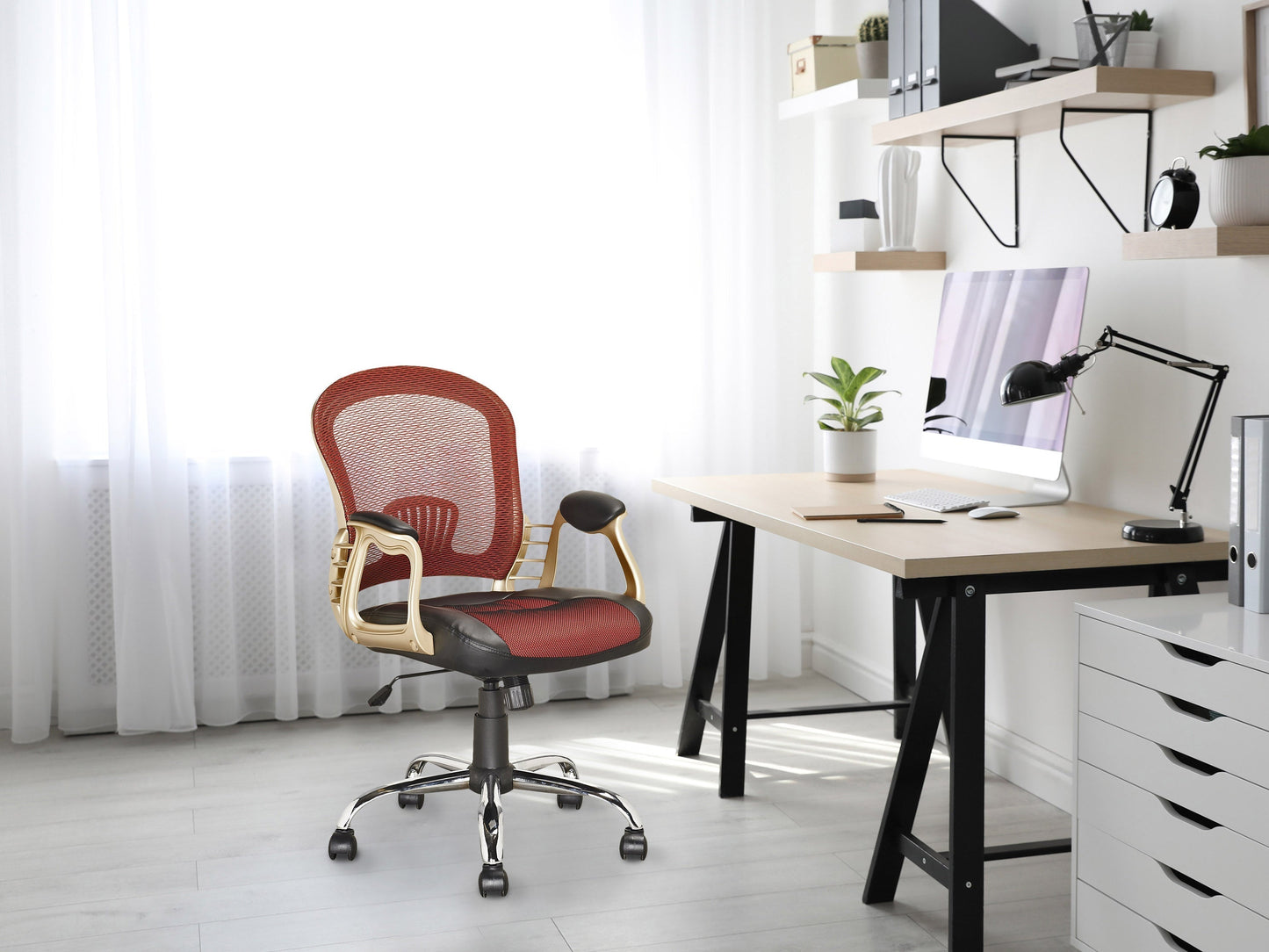 Red swivel office chair with adjustable height, ergonomic design, and cushioned seat.