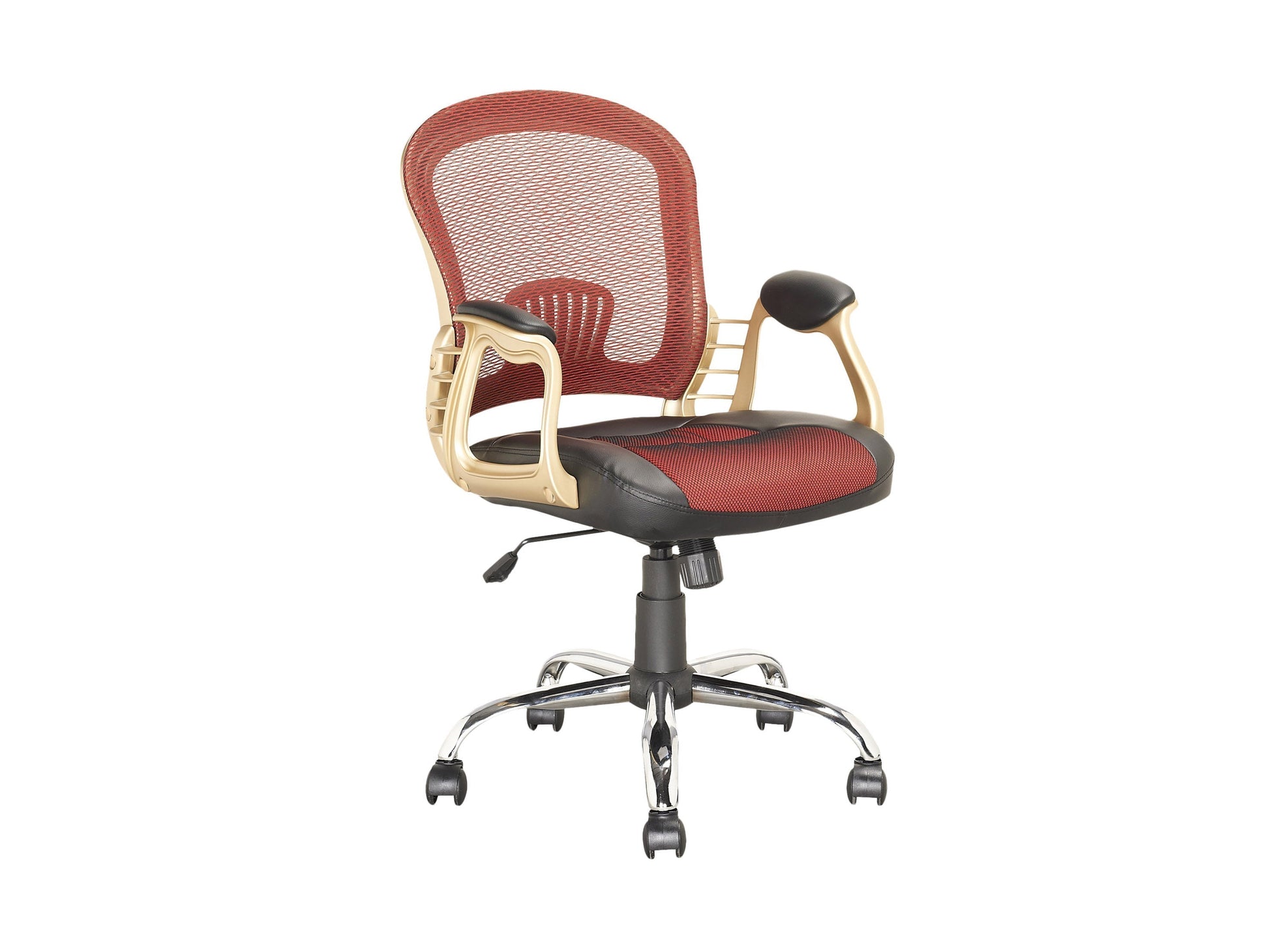 Red swivel office chair with ergonomic design, adjustable height, and cushioned seat.