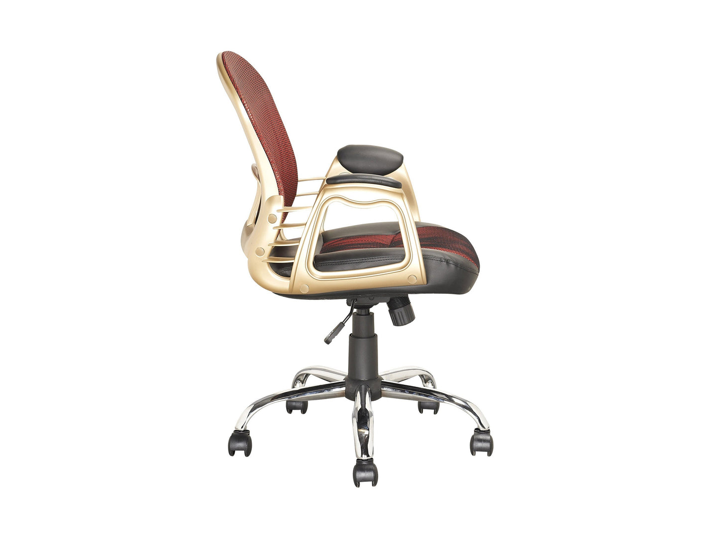 Red swivel office chair with ergonomic design, adjustable height, and cushioned seat for comfortable office seating.