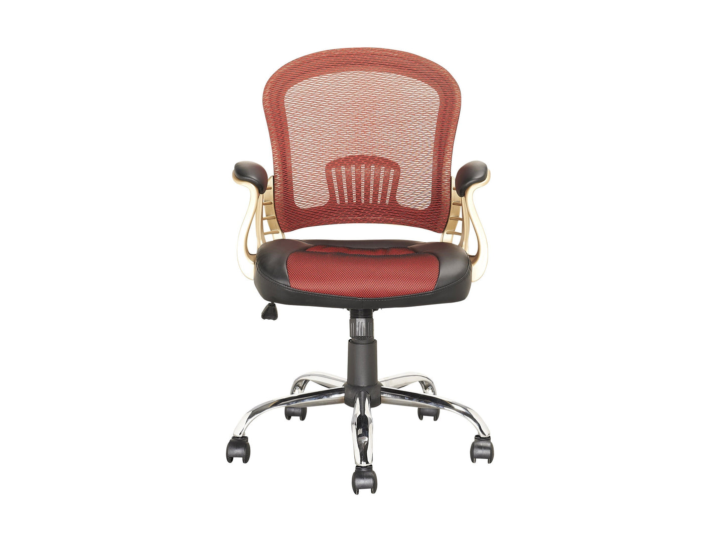 Red swivel office chair with ergonomic design, adjustable height, and cushioned seat, perfect for home or office use.