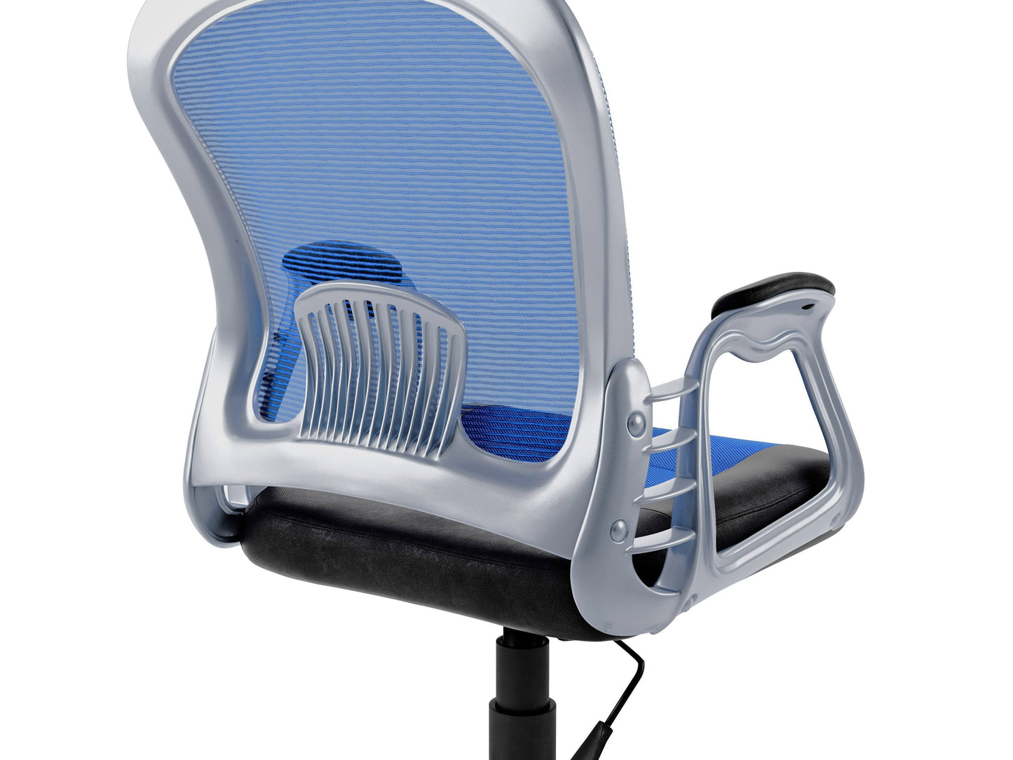 Blue swivel office chair with ergonomic design, adjustable height, and cushioned seat.