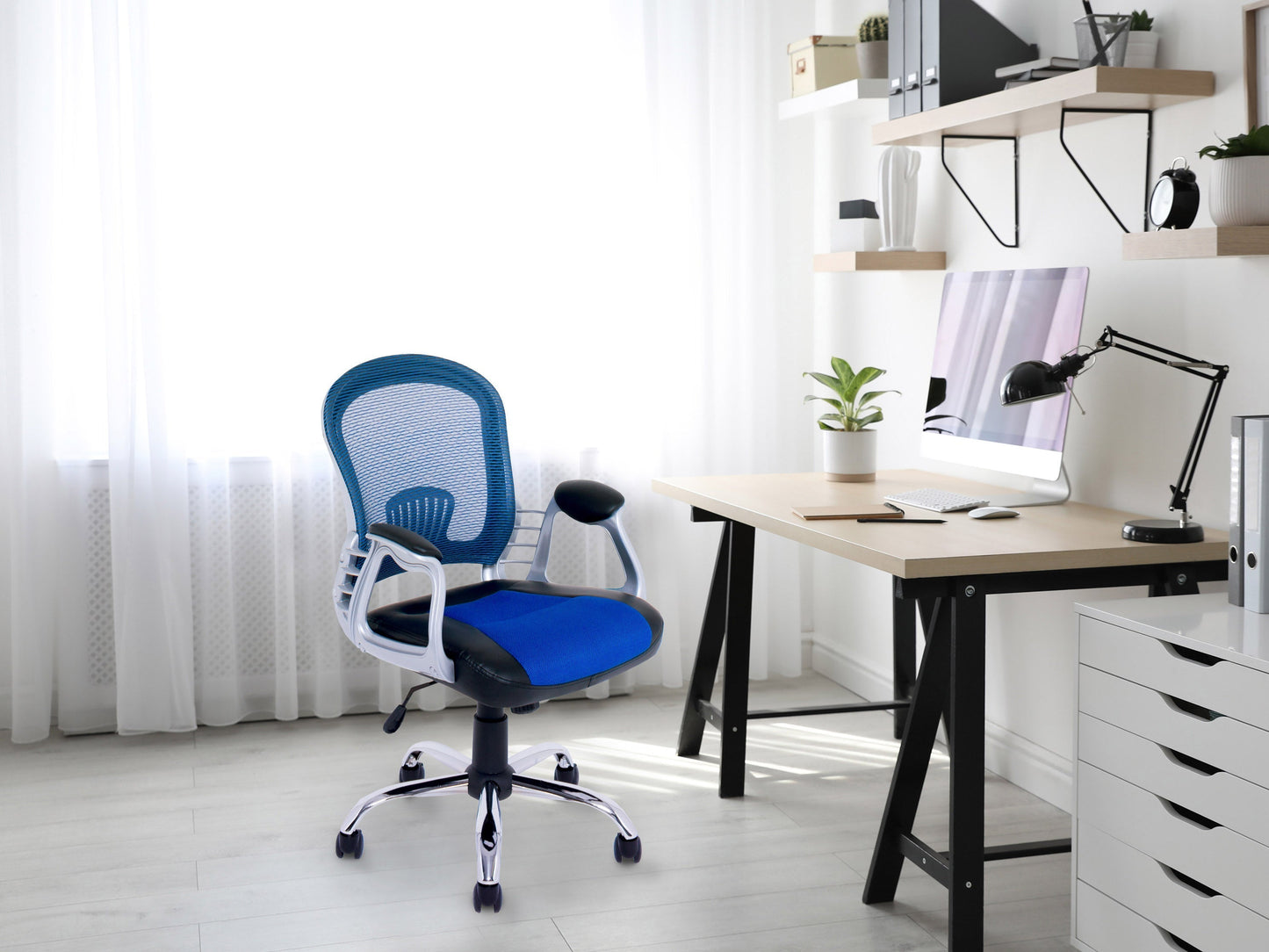 Blue swivel office chair with padded seat, adjustable height, and ergonomic design.