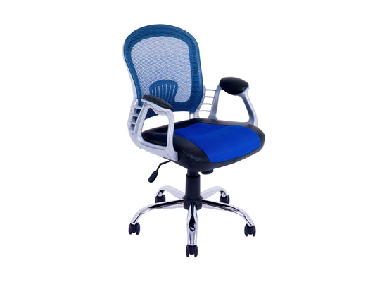 Blue swivel office chair with padded seat, ergonomic backrest, and chrome base.