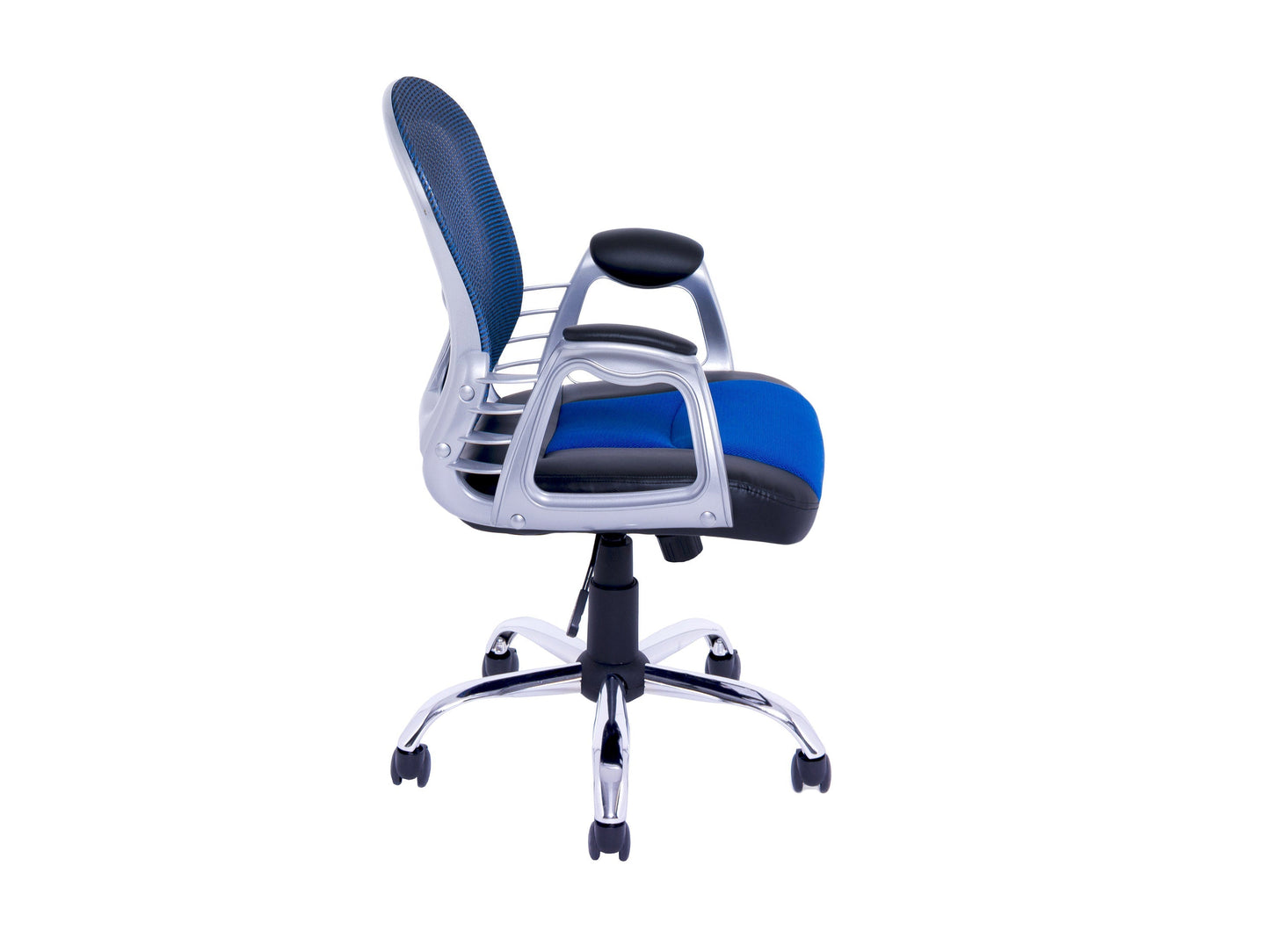 Blue swivel office chair with ergonomic design, padded seat, and adjustable height.