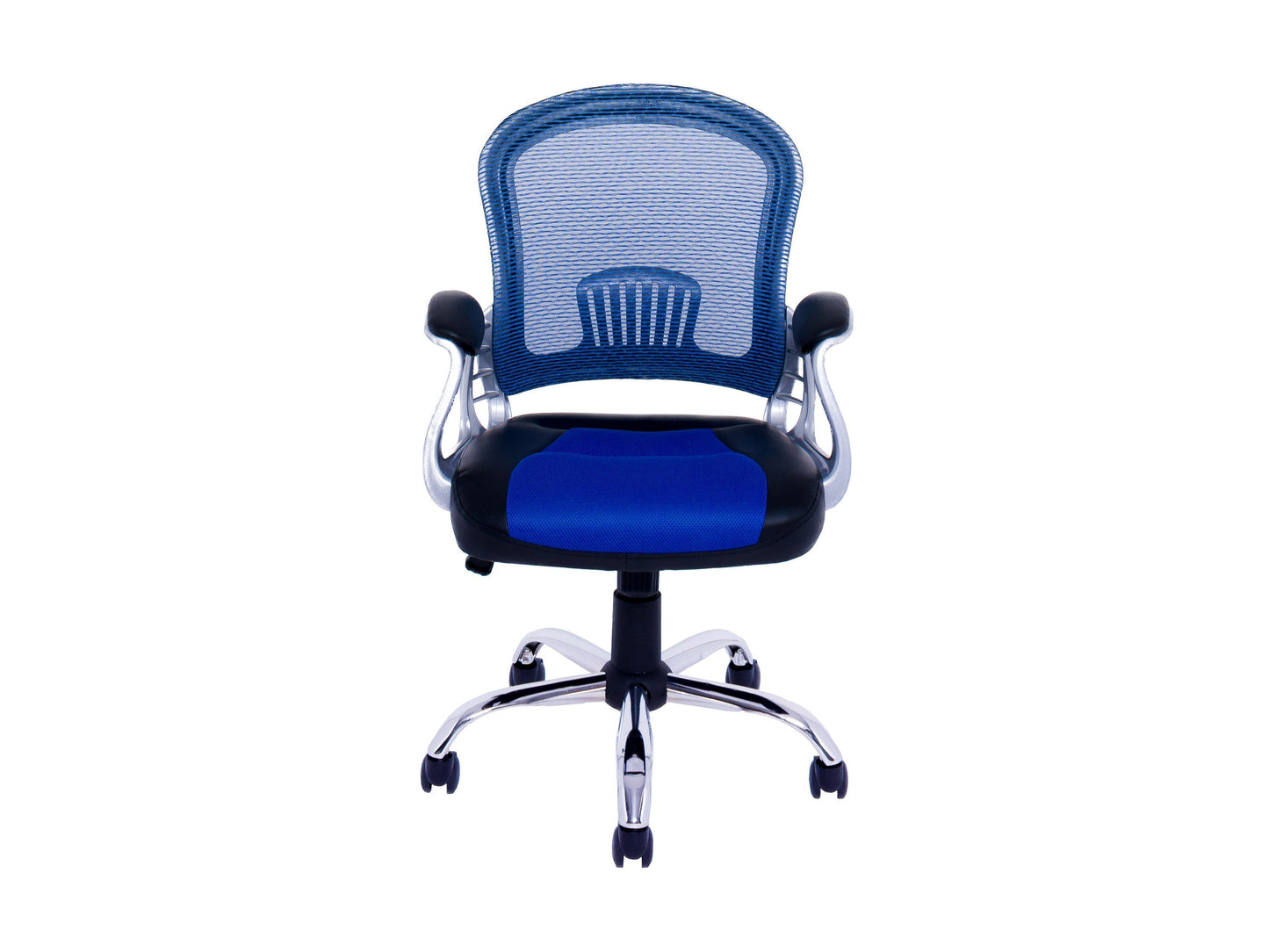 Blue swivel office chair with ergonomic design, adjustable height, and cushioned seat, ideal for modern home offices.