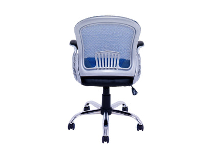 Blue swivel office chair with ergonomic design, padded seat, and chrome base.