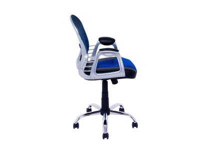 Blue swivel office chair with ergonomic design, adjustable height, and cushioned seat for home or office use.