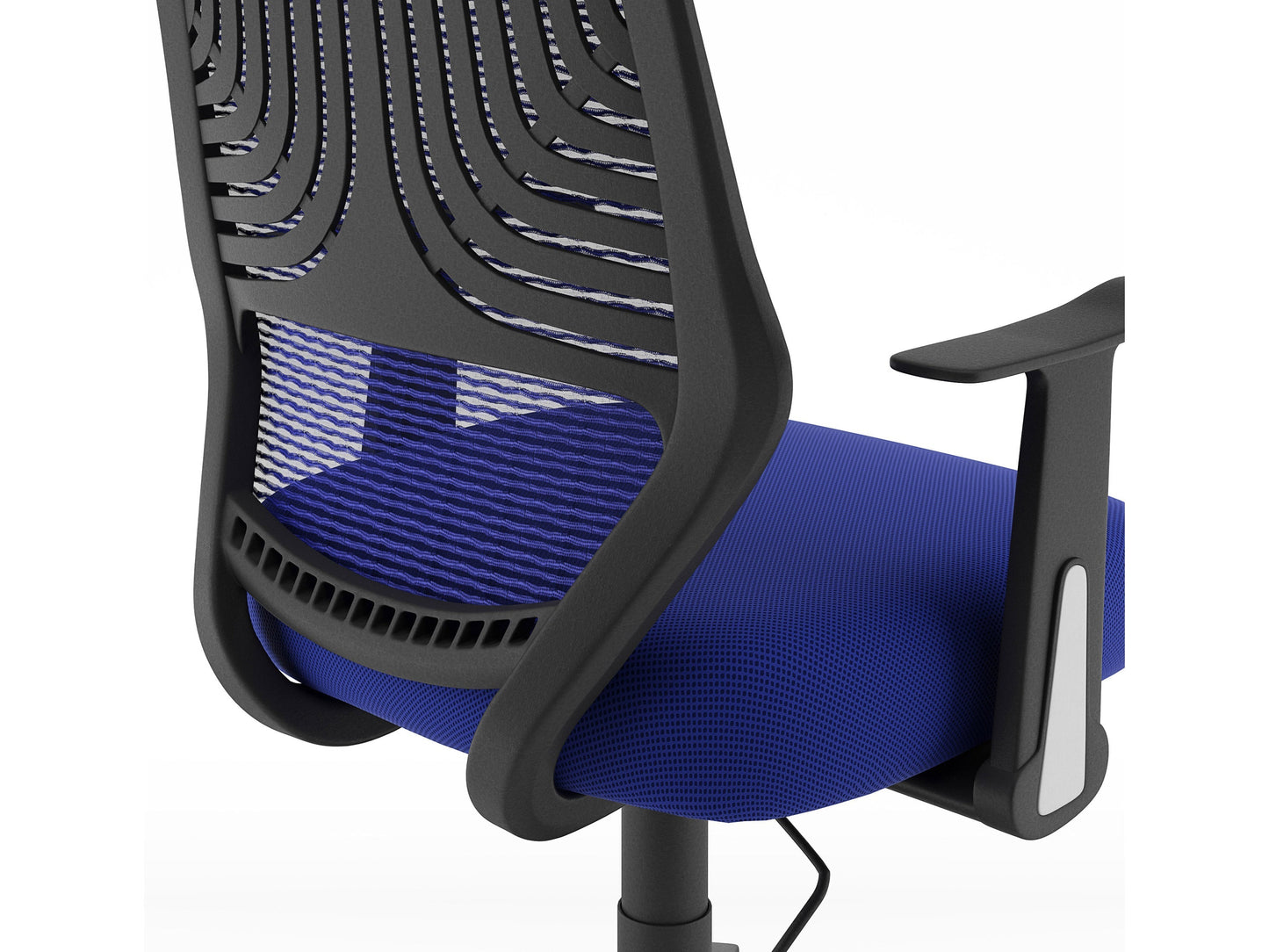 Blue mesh office chair with ergonomic design, adjustable height, and lumbar support for comfortable office seating.