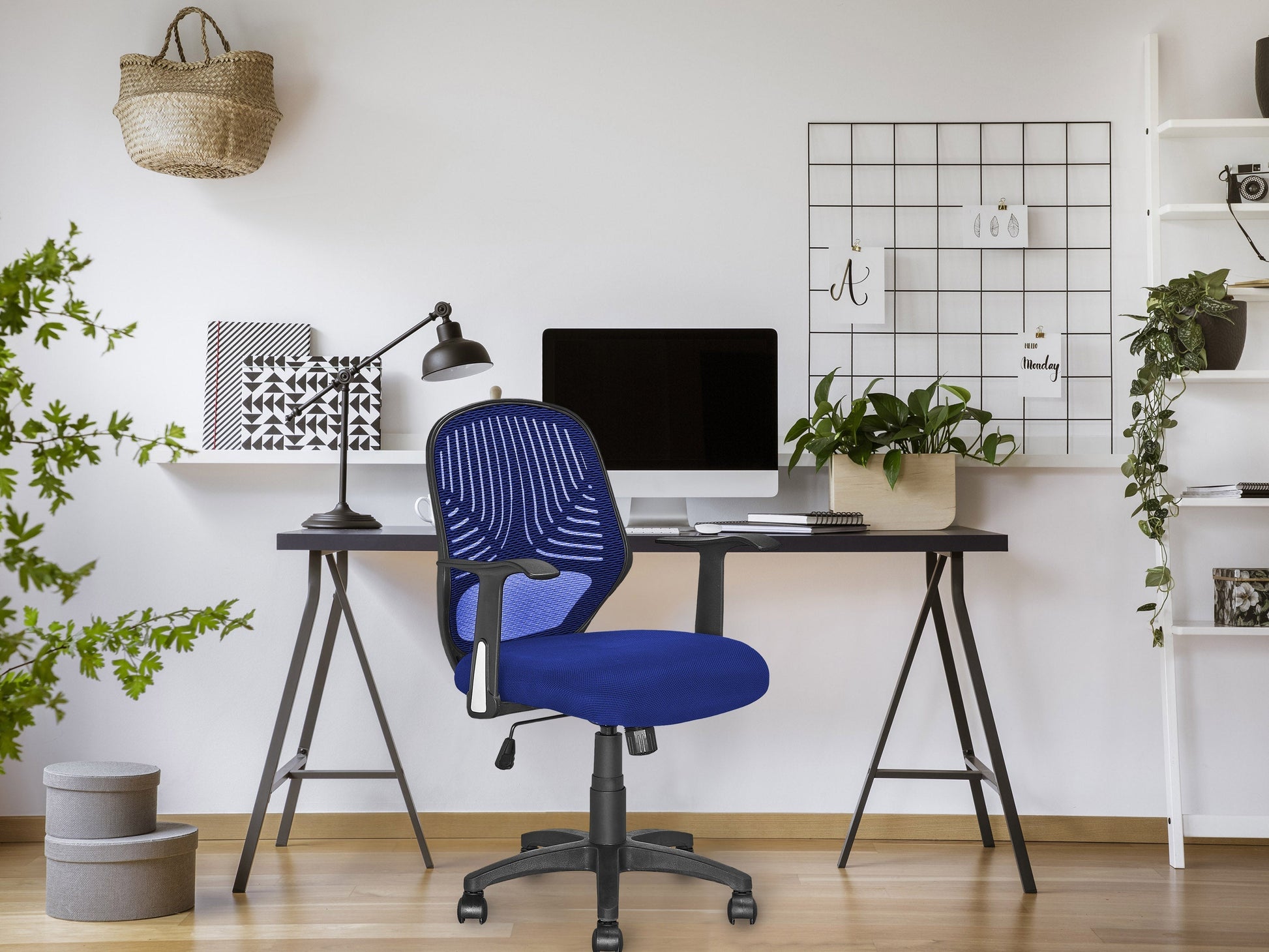 Blue mesh office chair with ergonomic design, adjustable height, and lumbar support on a five-wheel base.